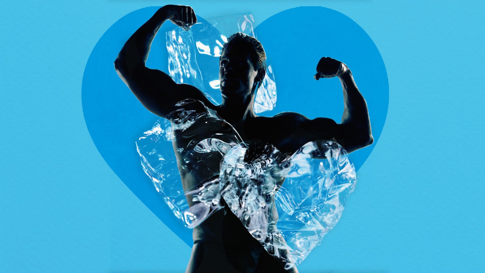 A photo illustration of a muscular man surrounded by ice cubes and an ice heart.