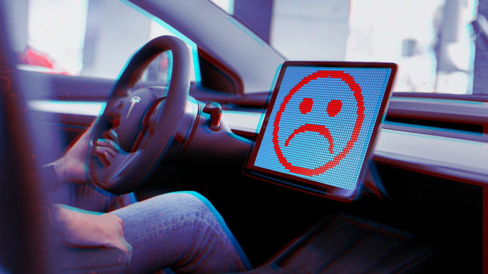 A photo illustration of a Tesla driver and sad face.