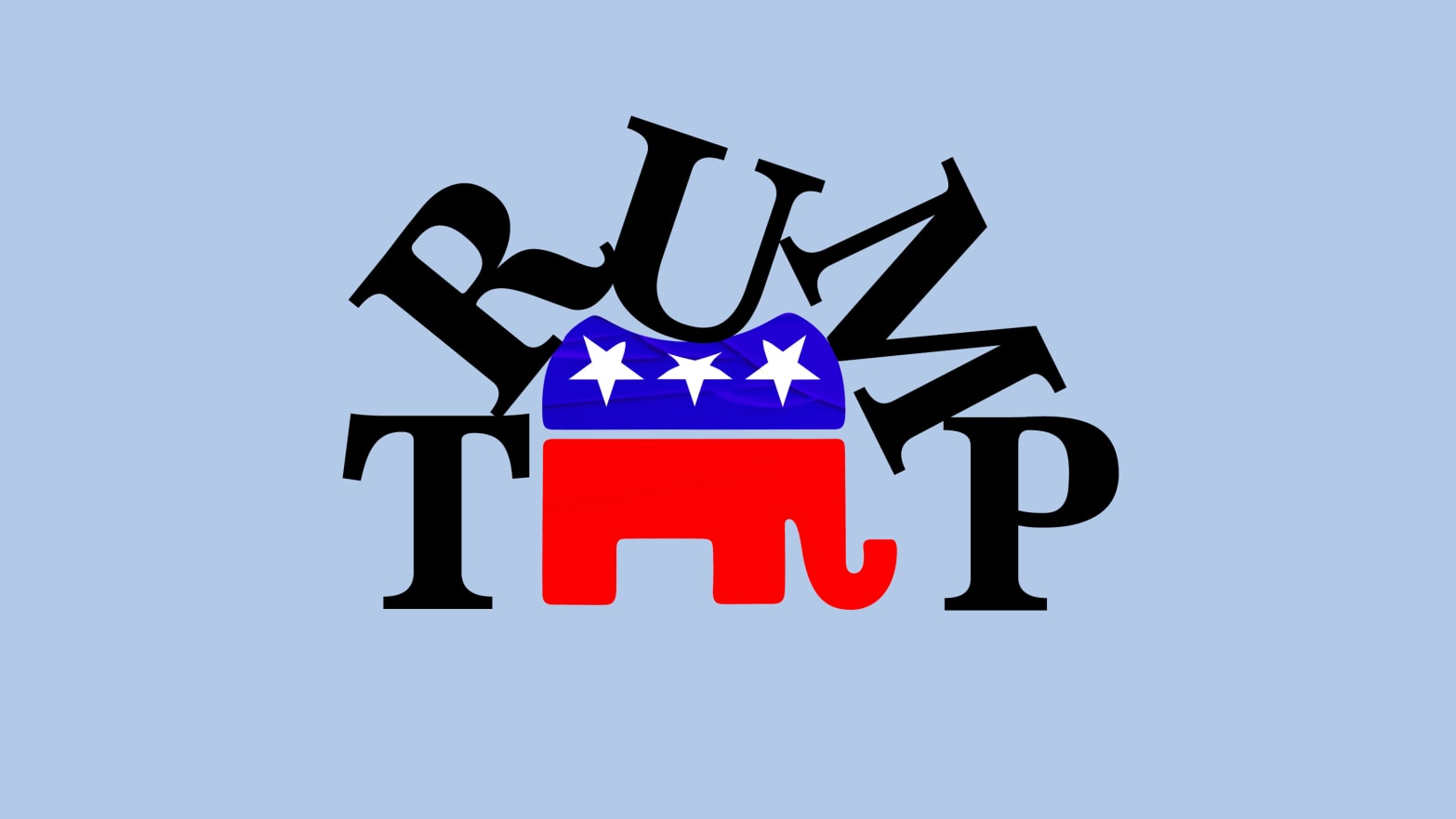 A photo illustration of letters spelling Trump crushing the GOP elephant logo.
