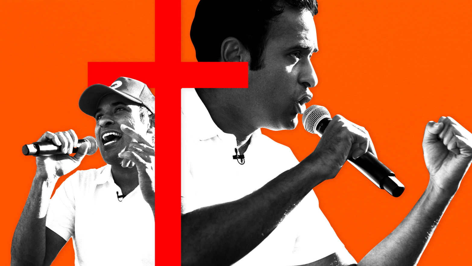 A photo illustration showing two silhouettes of Vivek Ramaswamy behind a red Christian cross.