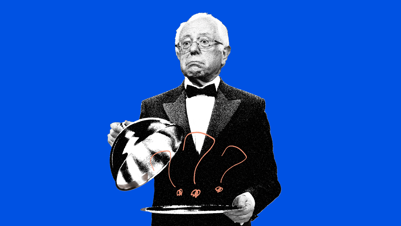 A photo illustration of Bernie Sanders as a waiter revealing a plate of nothing but question marks