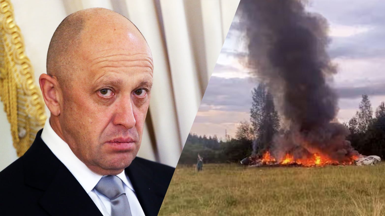 Yevgeny Prigozhin and the site of a plane crash in Russia.