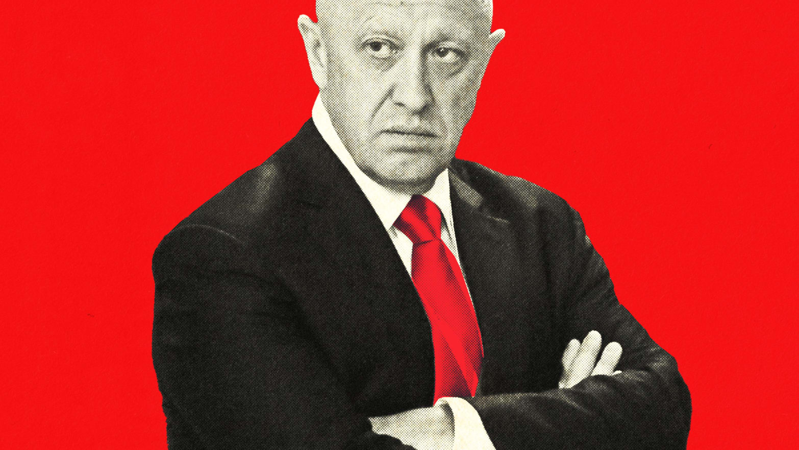Yevgeny Prigozhin is shown in black and white with his arms crossed and wearing a red tie on a red background