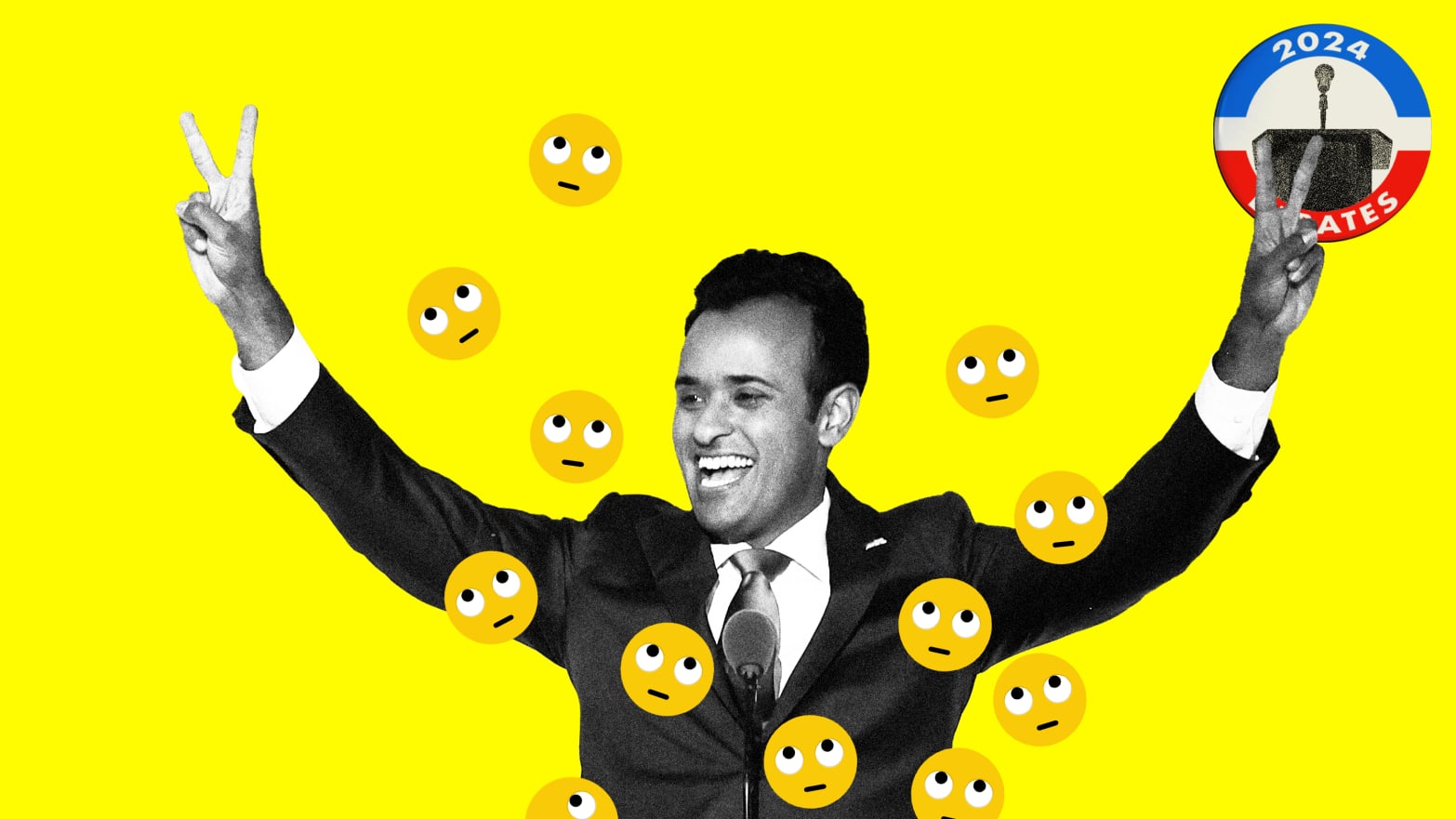Photo illustration of Vivek Ramaswamy from the GOP debate holding his arms out with peace signs, with eye-rolling smiley faces scattered around him.