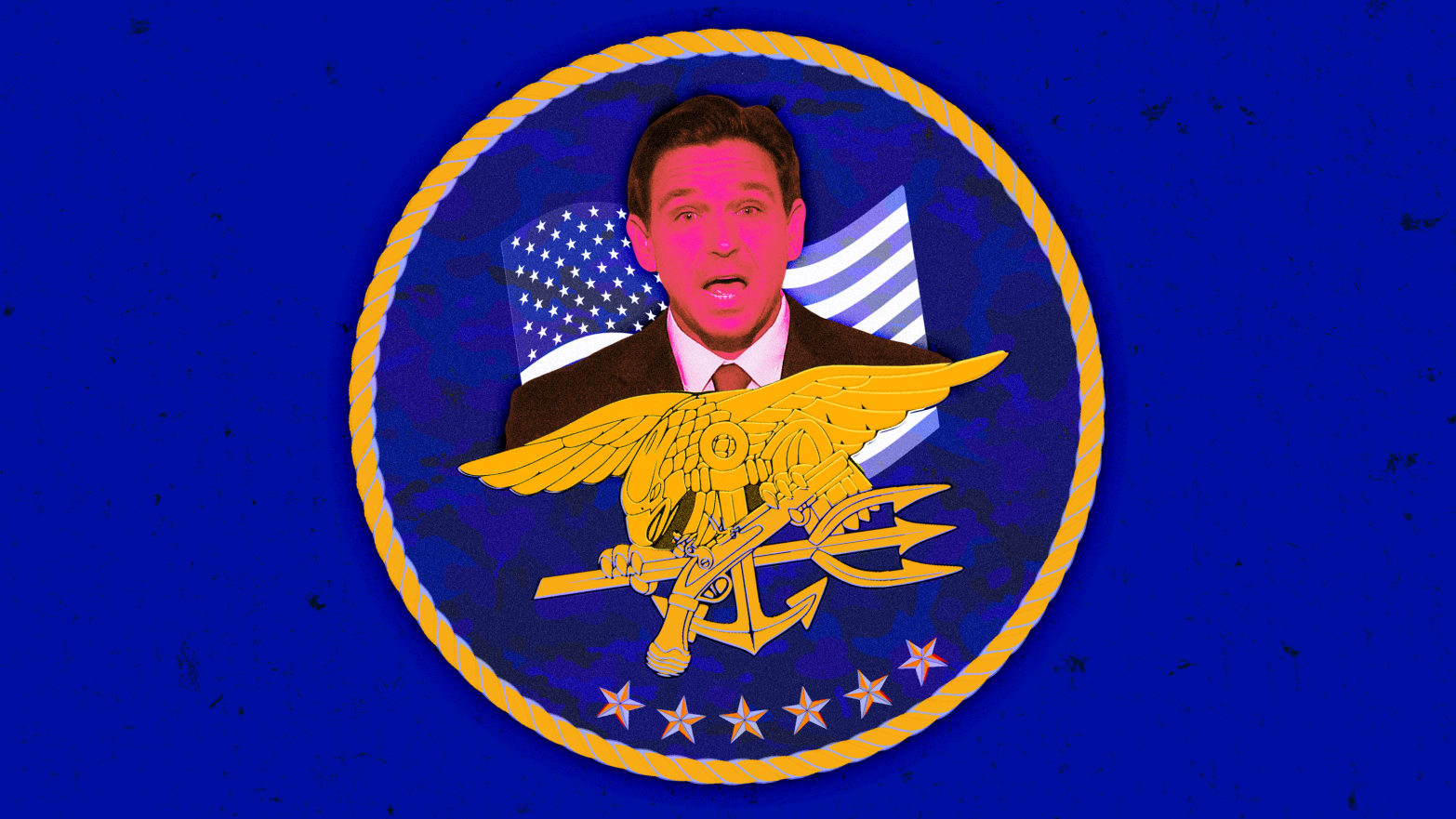 A photo illustration of Florida Gov. Ron DeSantis and the Navy SEAL logo.