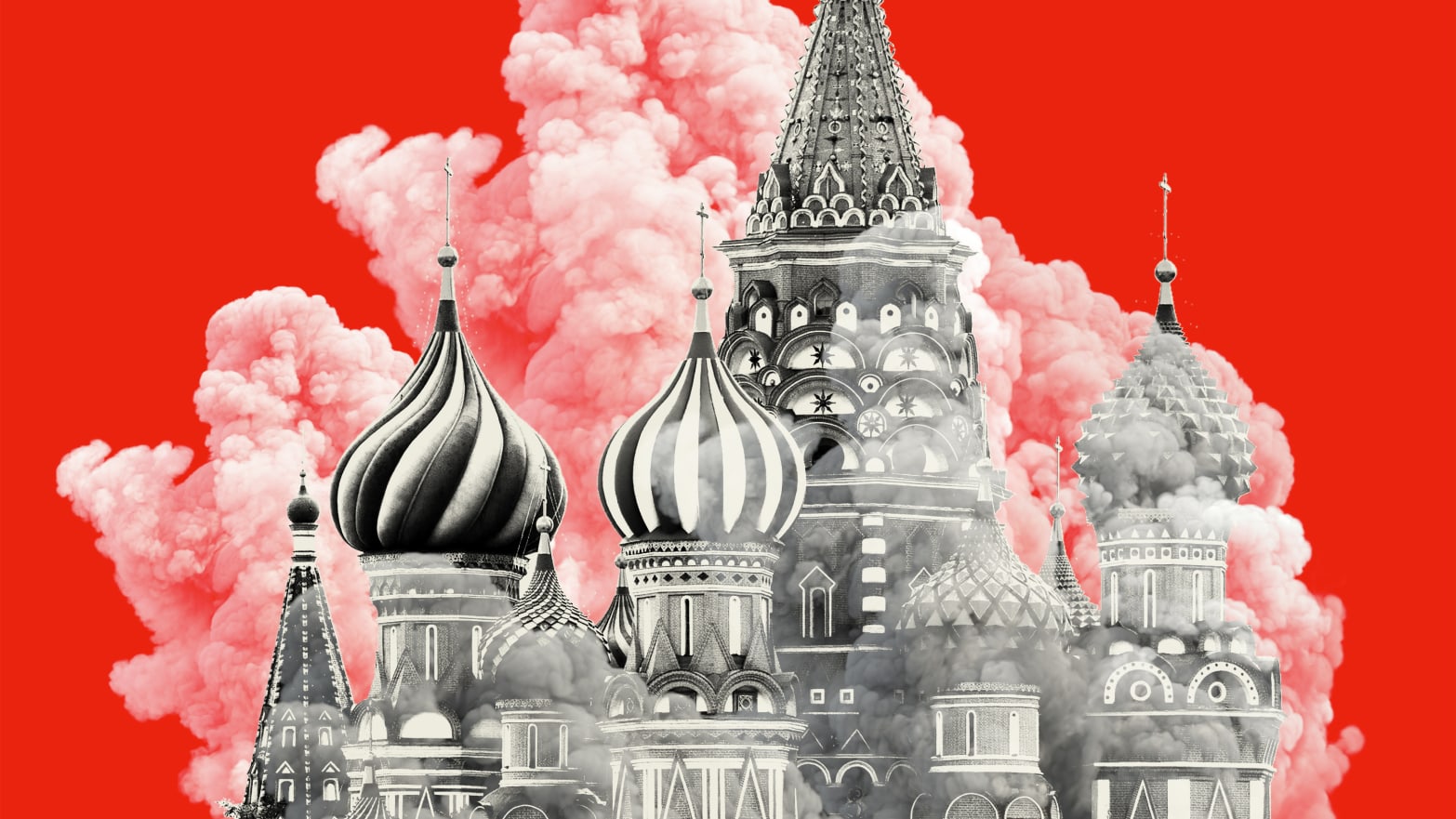 Photo illustration of St Basil’s Cathedral in Moscow with smoke layered in front and behind.