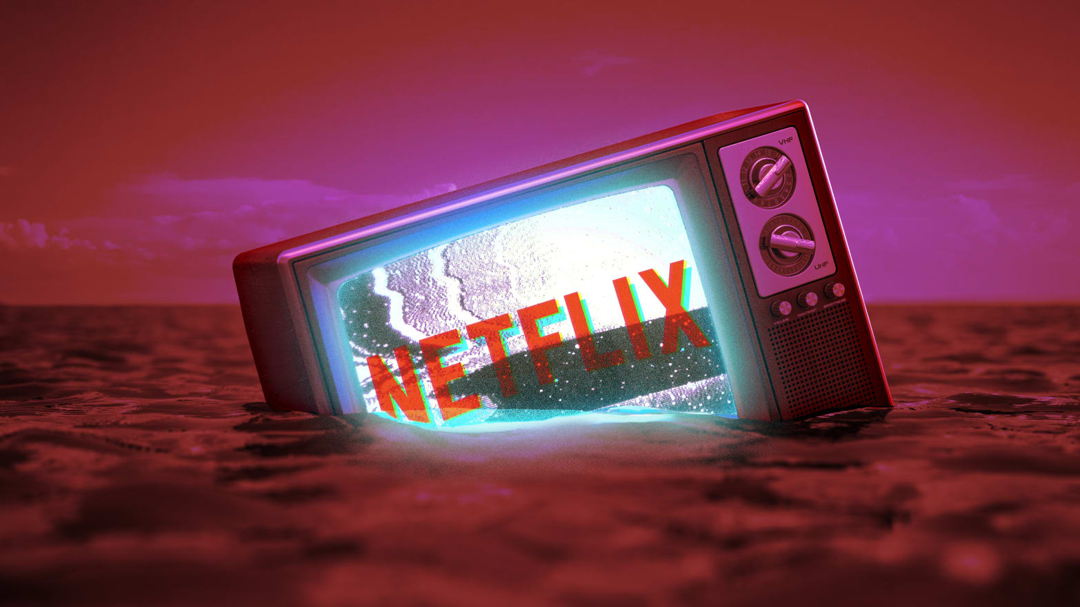 A photo illustration of a television floating in the ocean with the Netflix logo.