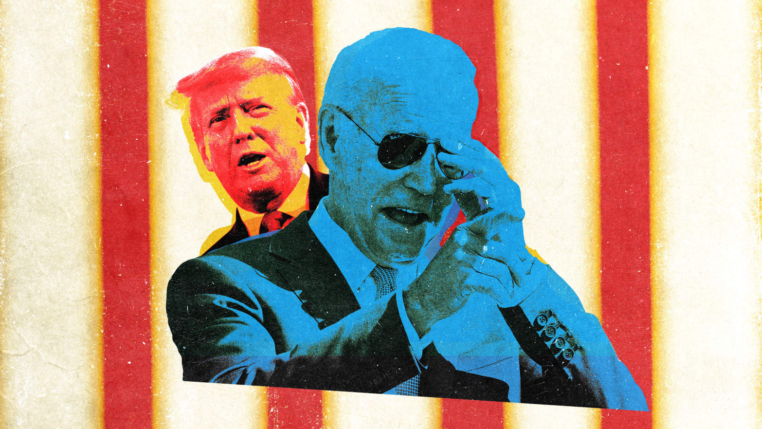 An illustration including photos of Donald Trump and Joe Biden