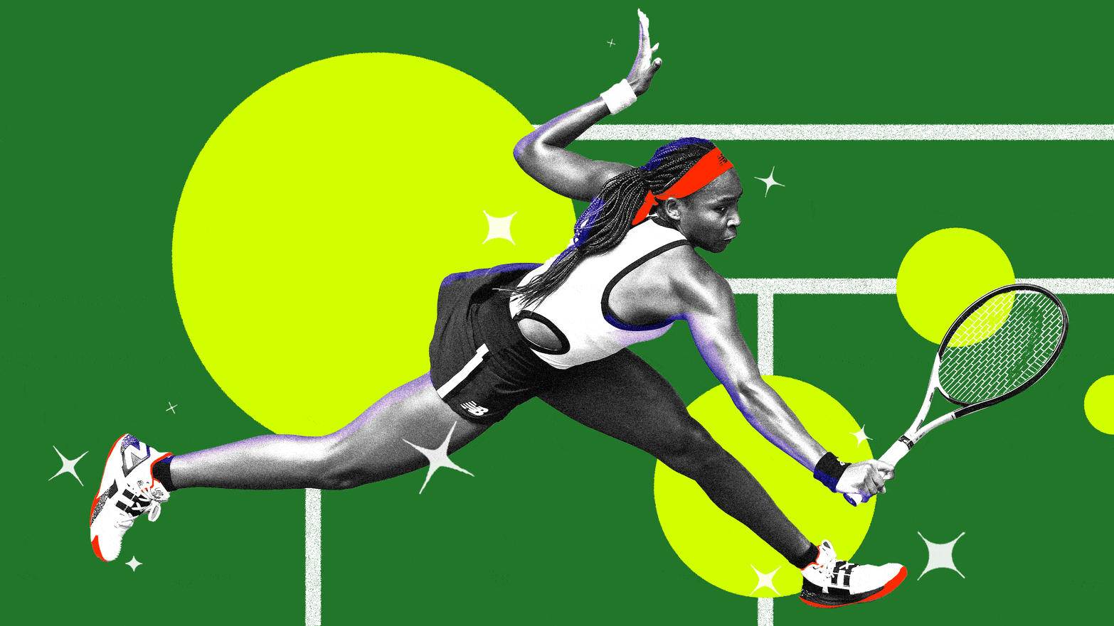 Photo illustrative gif of Coco Gauff on a distorted tennis court background with large yellow dots and sparkles around her.