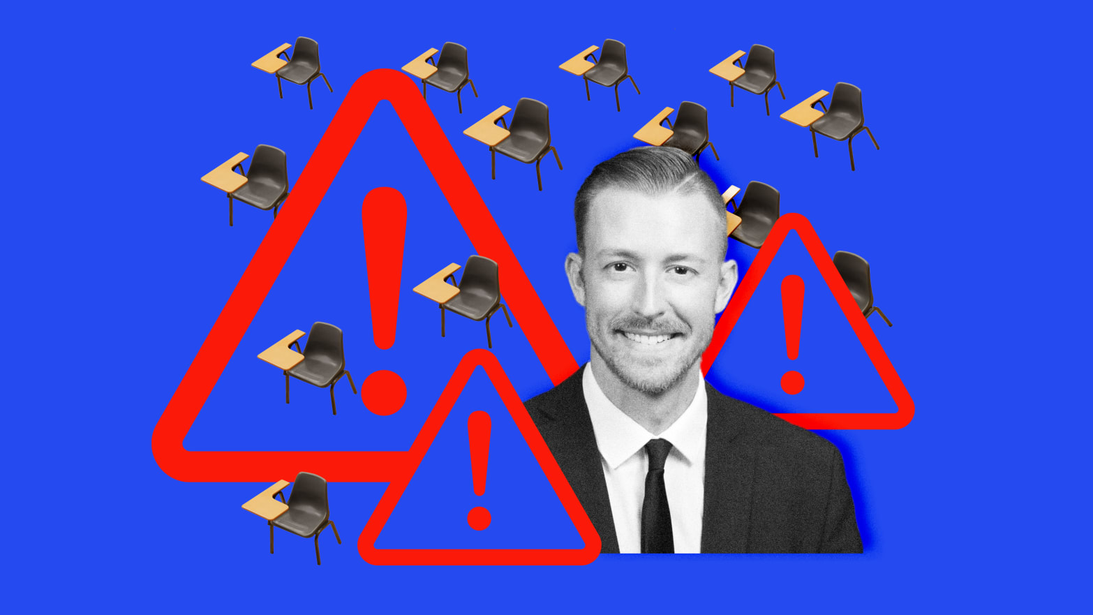A photo illustration of Oklahoma’s Superintendent of public Instruction Ryan Walters and threat warning symbols and empty school desks.