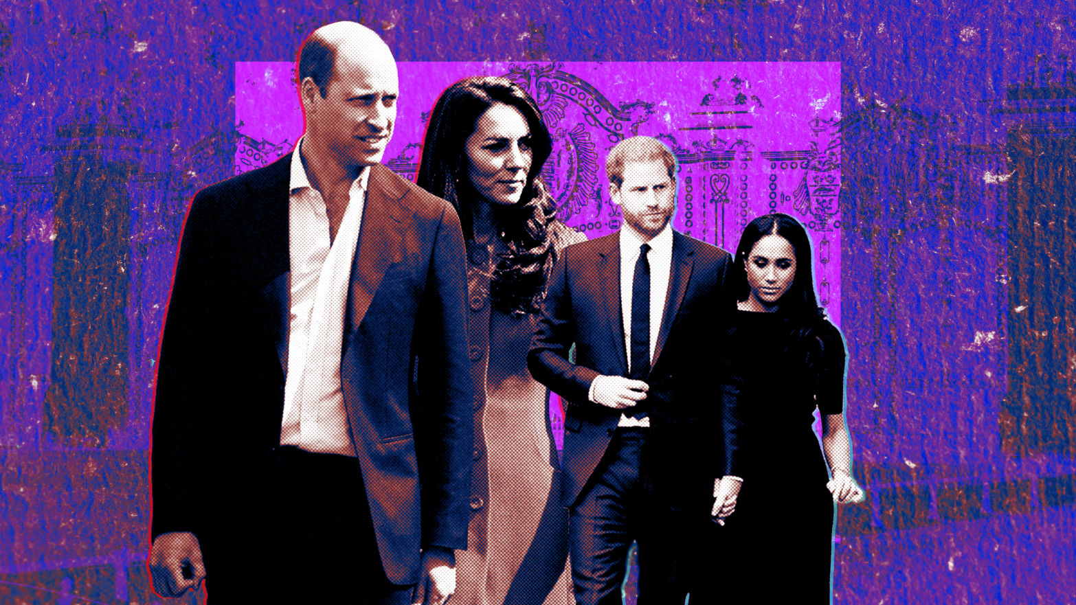 A photo illustration of Prince William, Kate Middleton, Prince Harry, and Meghan Markle.