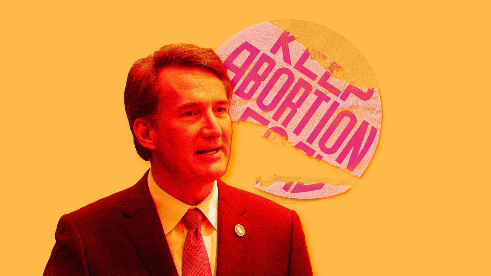 A photo illustration of Virginia Governor Glenn Youngkin and a torn Keep Abortion Legal sticker.