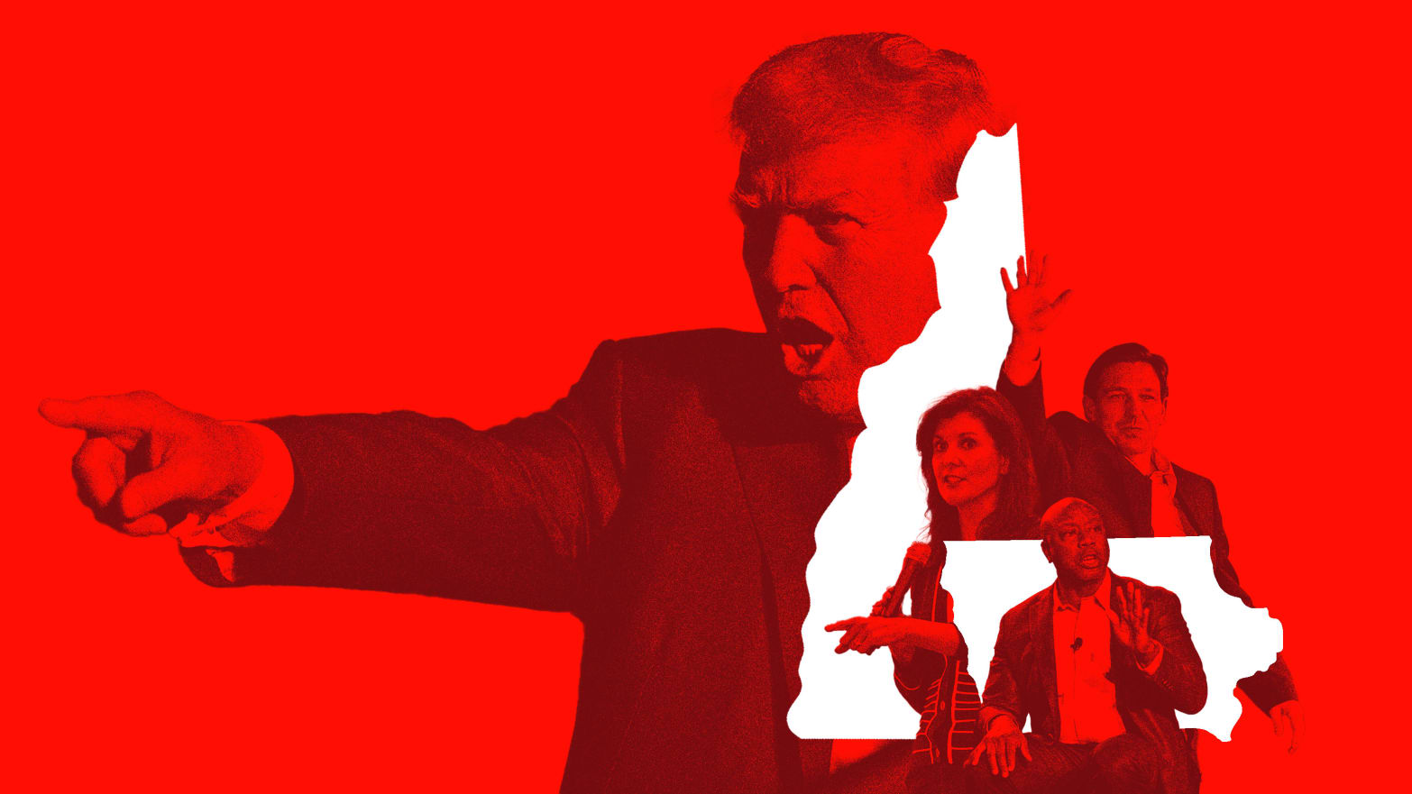 A photo illustration that shows Donald Trump angry pointing out in front of the outline of Iowa and New Hampshire