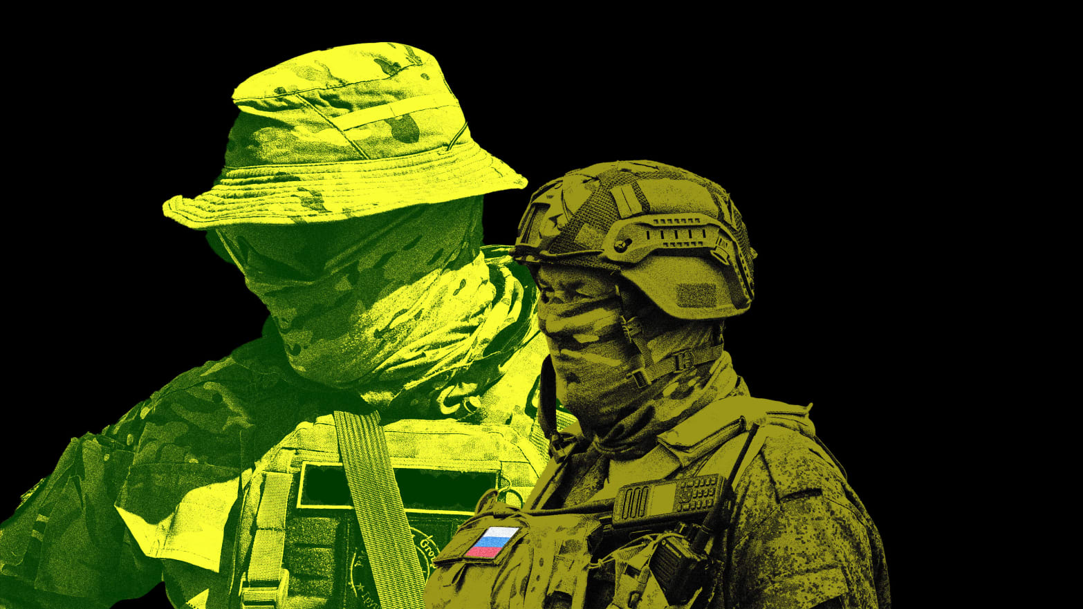 Photo illustration of two green Russian Wagner soldiers on a black background