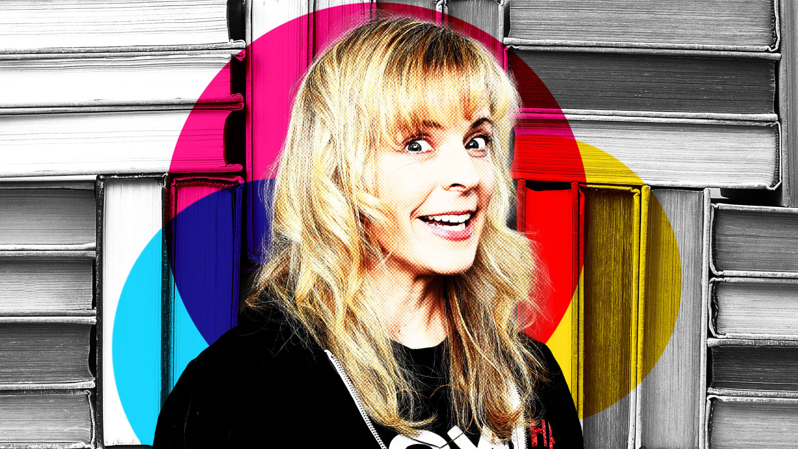 Photo illustration of comedian Maria Bamford on a background of books with colorful circles