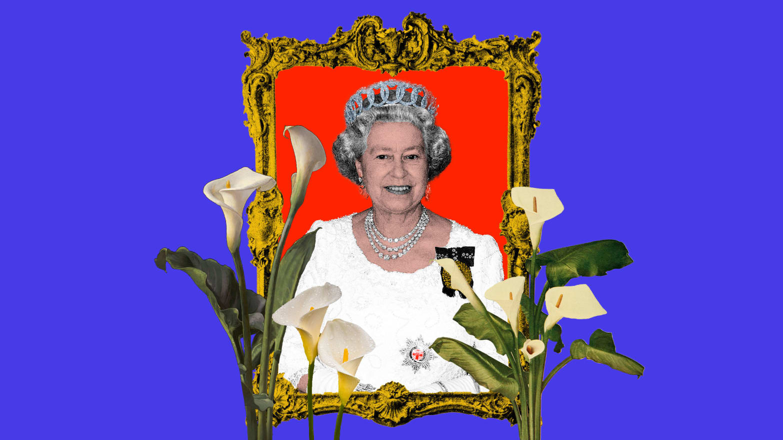 Photo illustration of Queen Elizabeth II in a gilded frame with calla lilies around her.