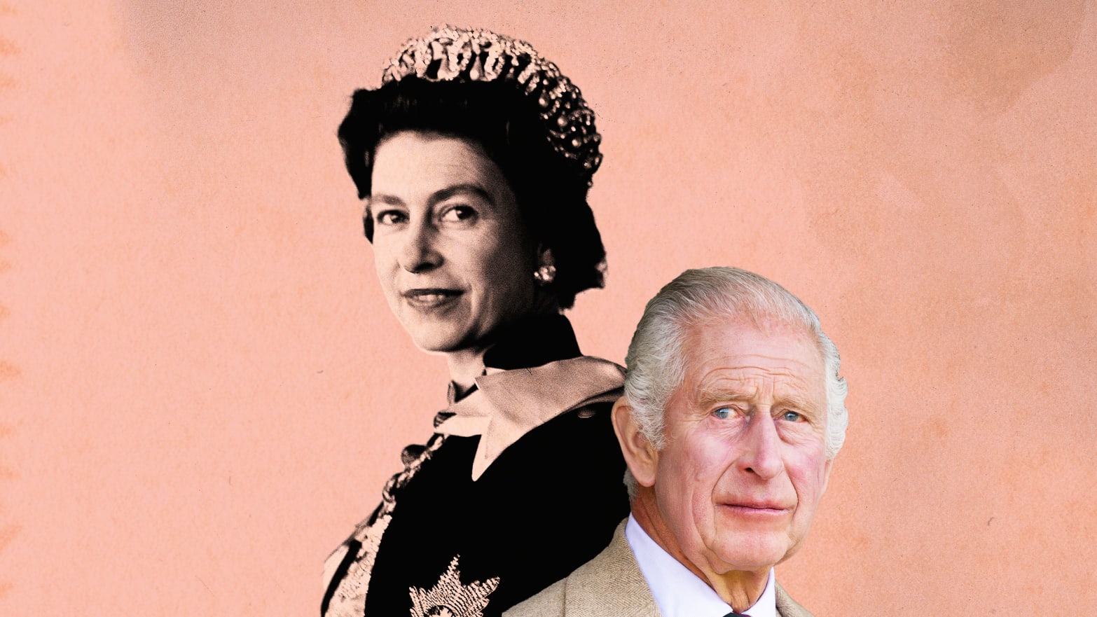 A photo illustration shows a vintage picture of Queen Elizabeth overlayed with a picture of King Charles looking up to her fondly