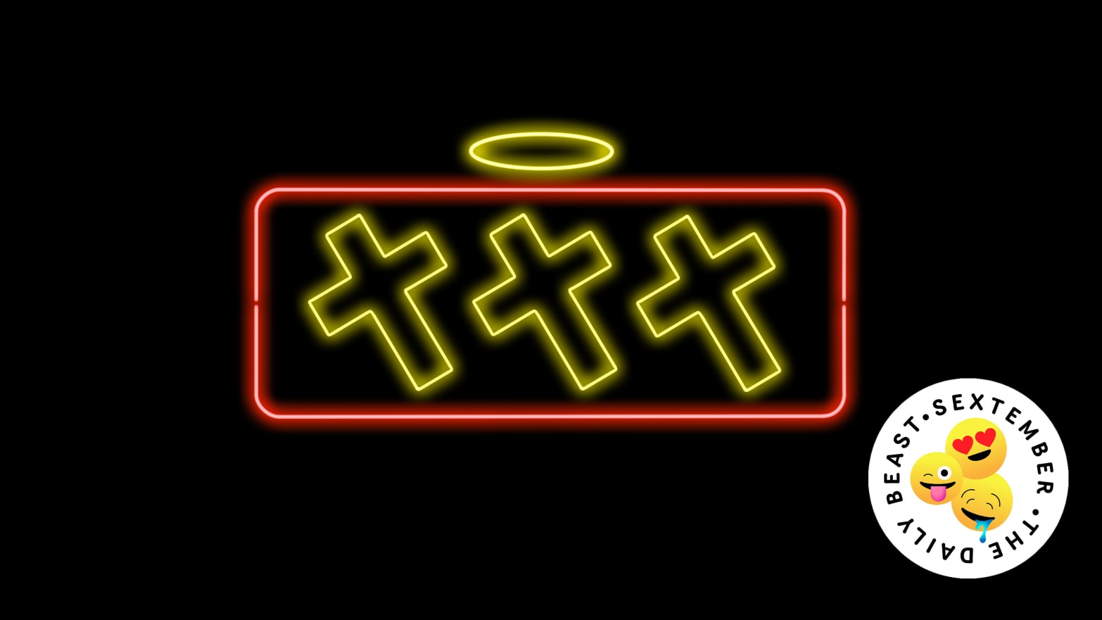 Illustration of a neon sign with "XXX" made out of crosses with a halo above it