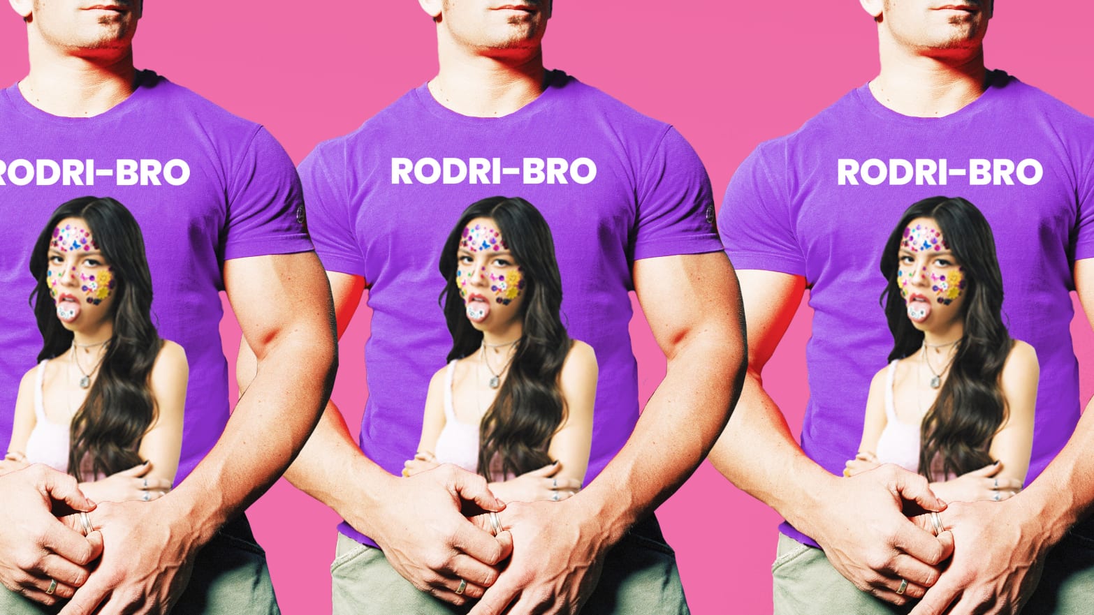A photo illustration of three muscle men wearing purple shirts with Olivia Rodrigo on them with the word “RODRI-BRO” written on them on a pink background