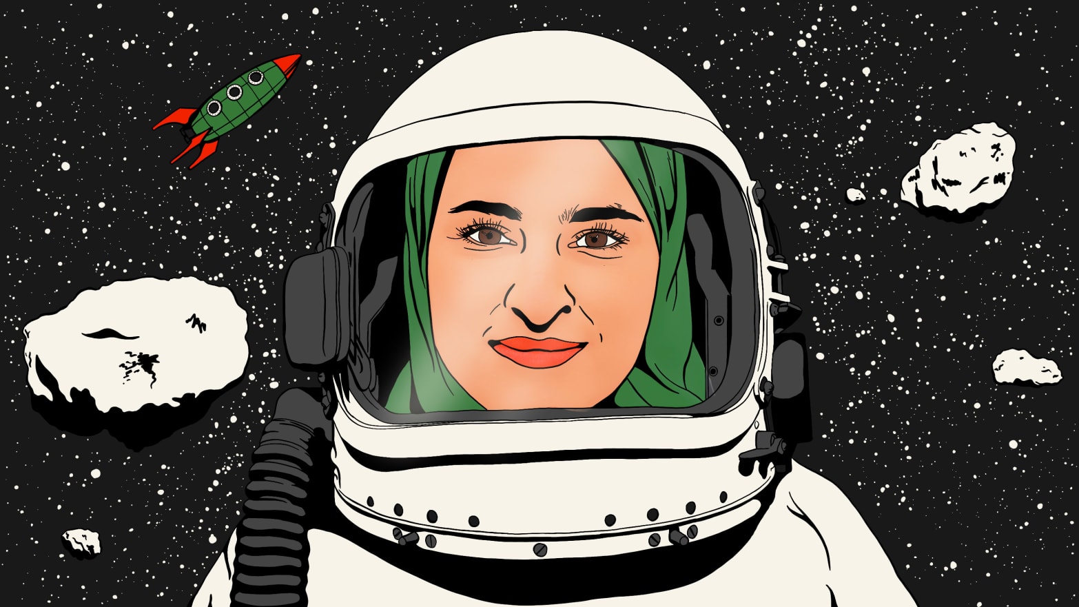 Illustration of Sarah Al-Amiri of UAE as an astronaut