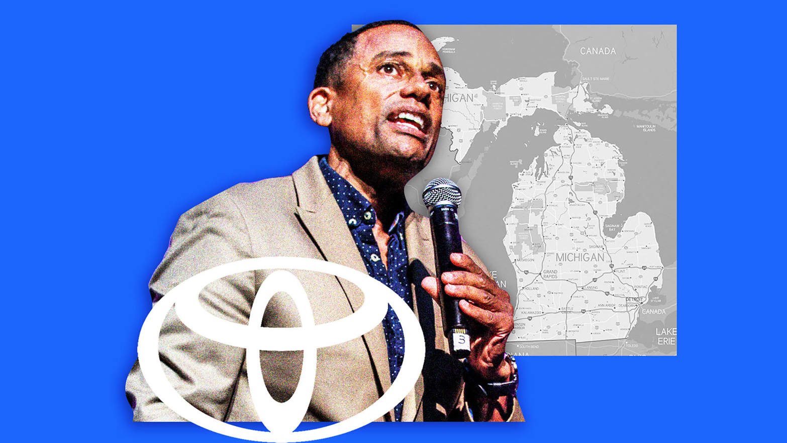 A photo illustration showing Hill Harper with the Toyota Logo and a Michigan map.