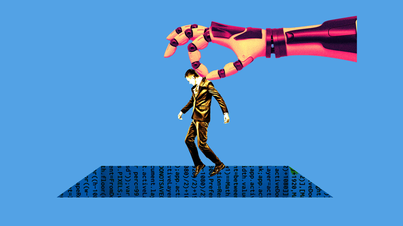 A photo illustration of a robot holding a businessman over a hole with computer code.