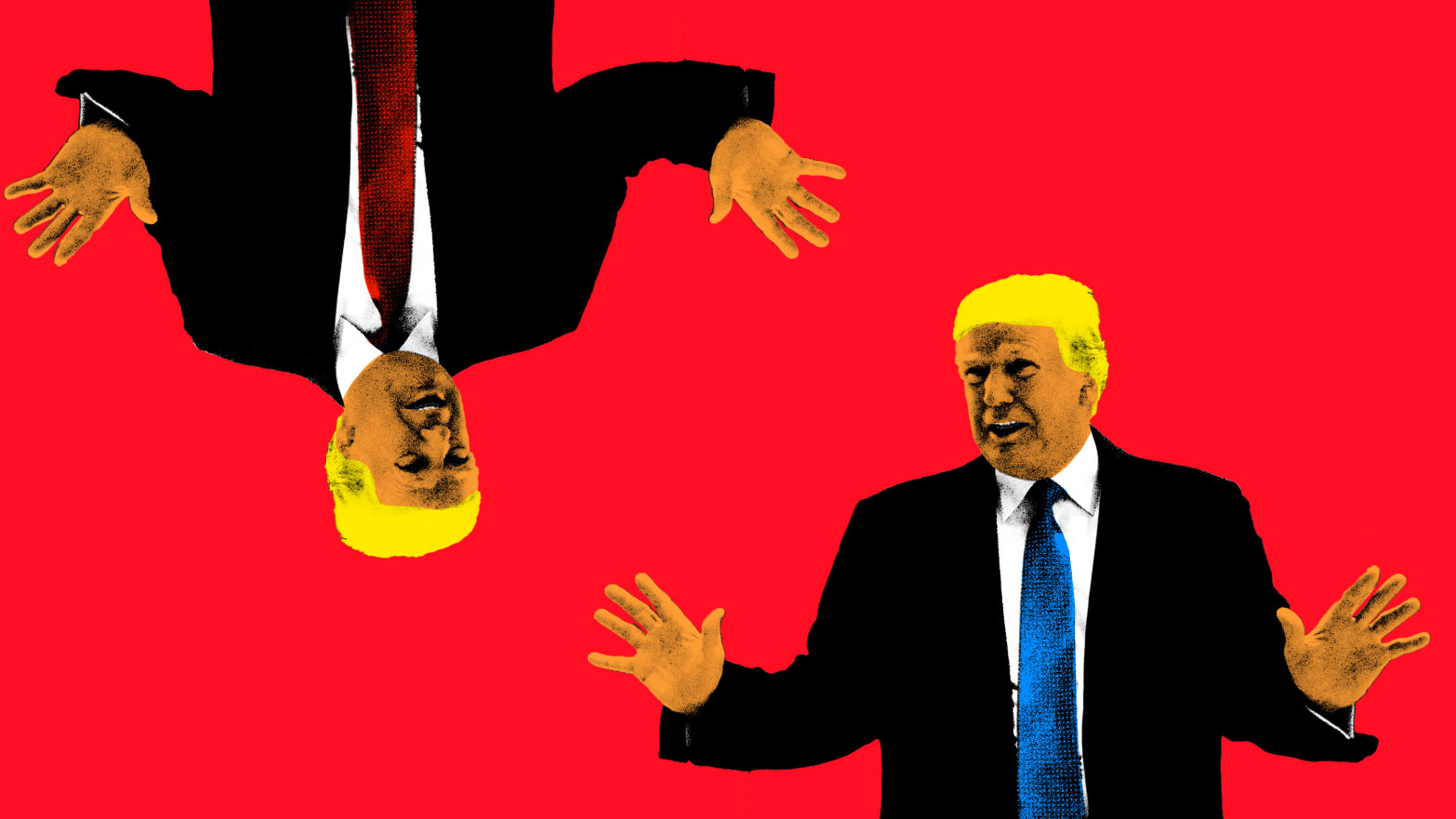 Photo illustration of Donald Trump with his hands outstretched to the side, once upside down and one right side up.