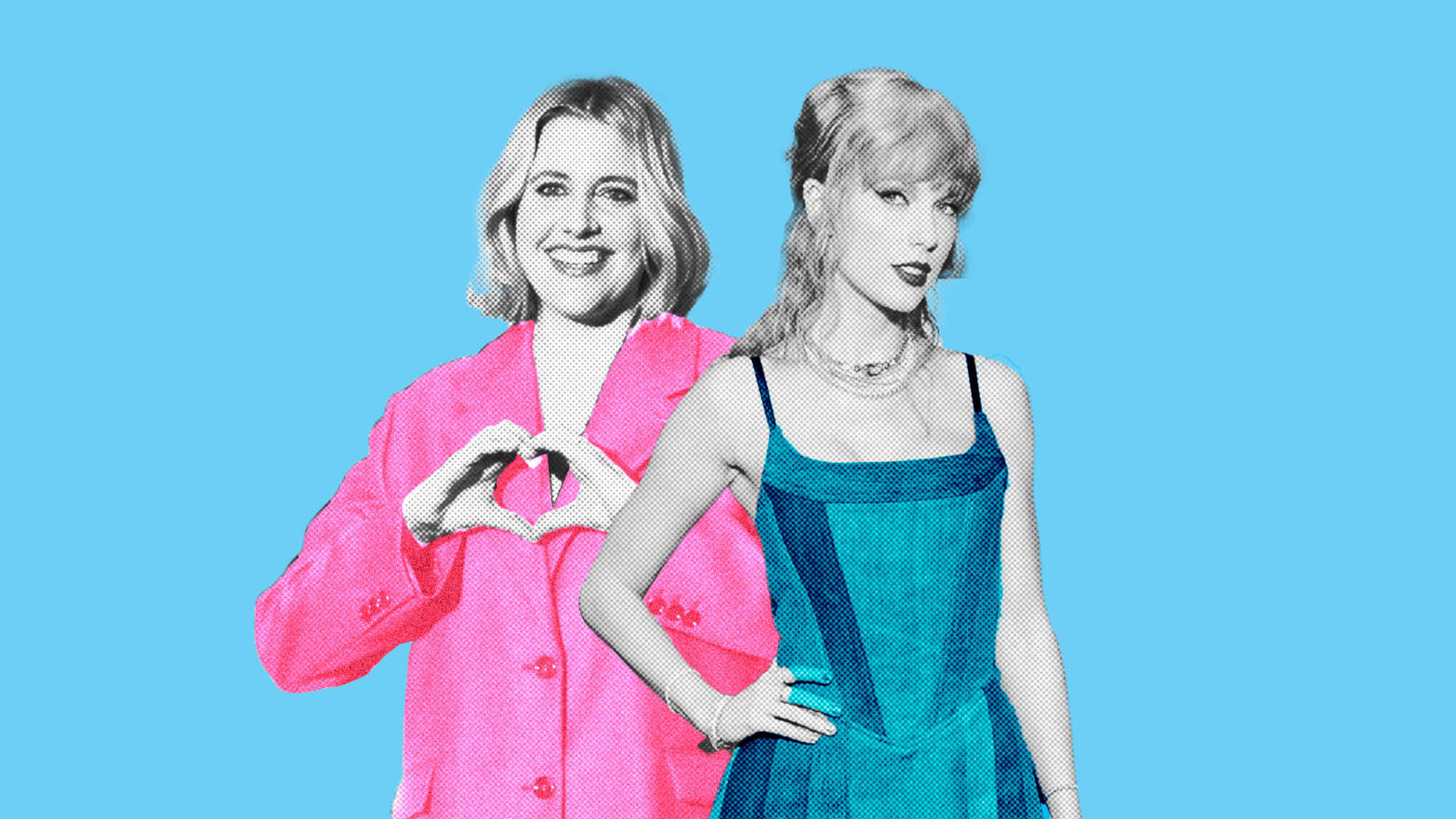 A photo illustration of Greta Gerwig in pink and Taylor Swift in blue