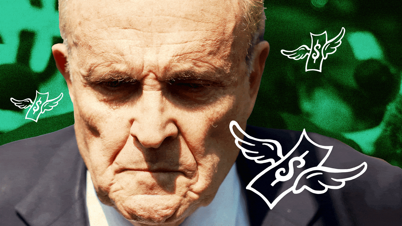 Rudy Giuliani looking dour on a green background with illustrations of money flying away.