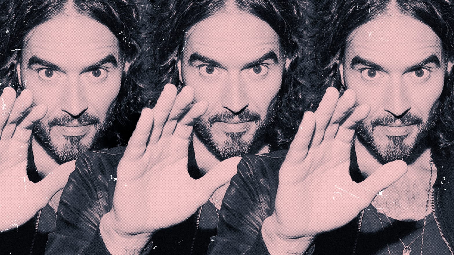 A triptych of Russell Brand with his arm extending out to the audience