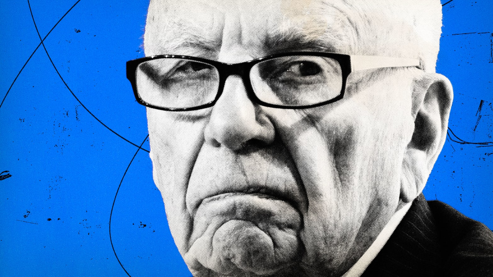 An extreme closeup of Rupert Murdoch in black and white on a blue background