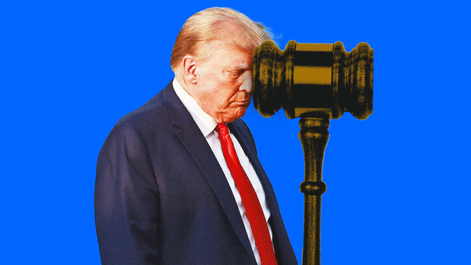 A photo composite of Donald Trump with a gavel in his face