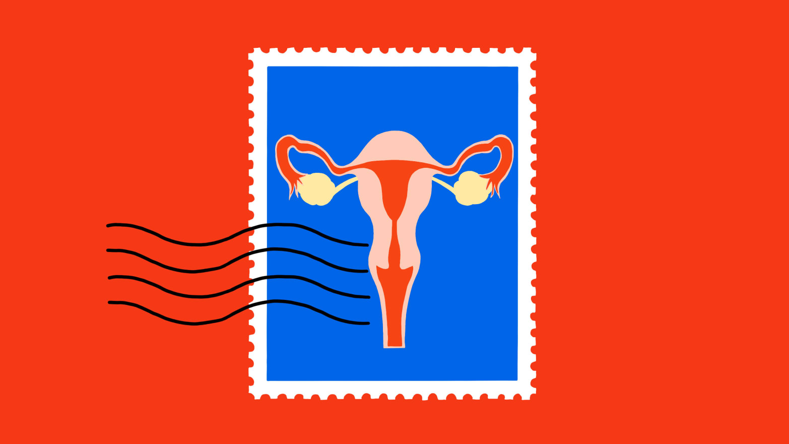 Illustration of a postage stamp with a uterus on it.
