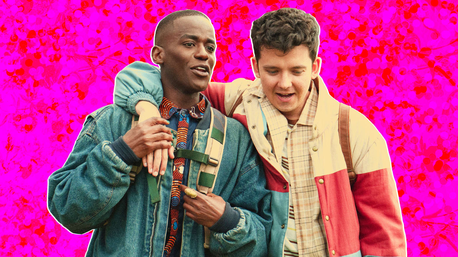 A photo illustration of Ncuti Gatwa as Eric and Asa Butterfield as Otis in Sex Education.