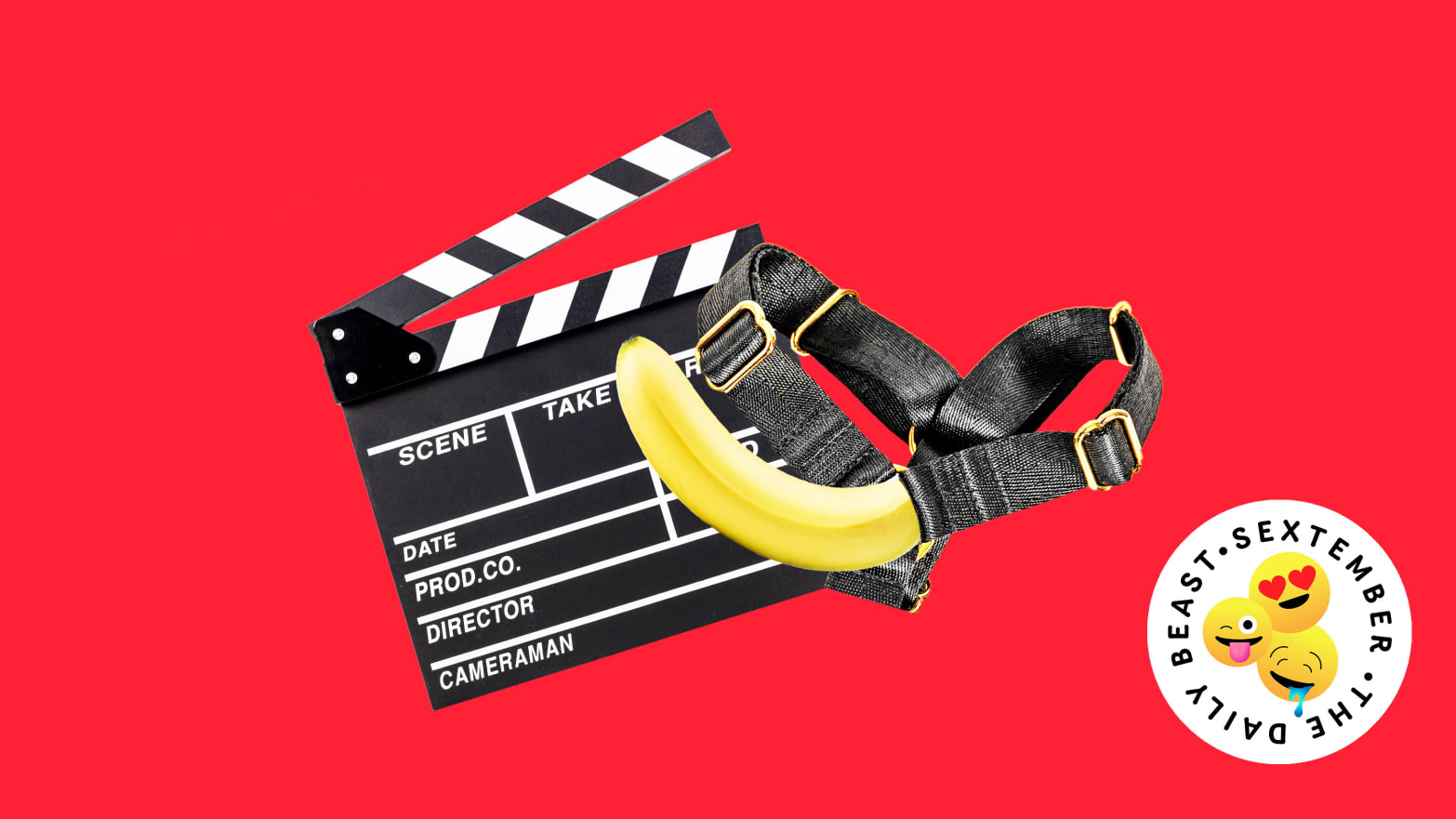 A film clapboard with a banana inside a harness