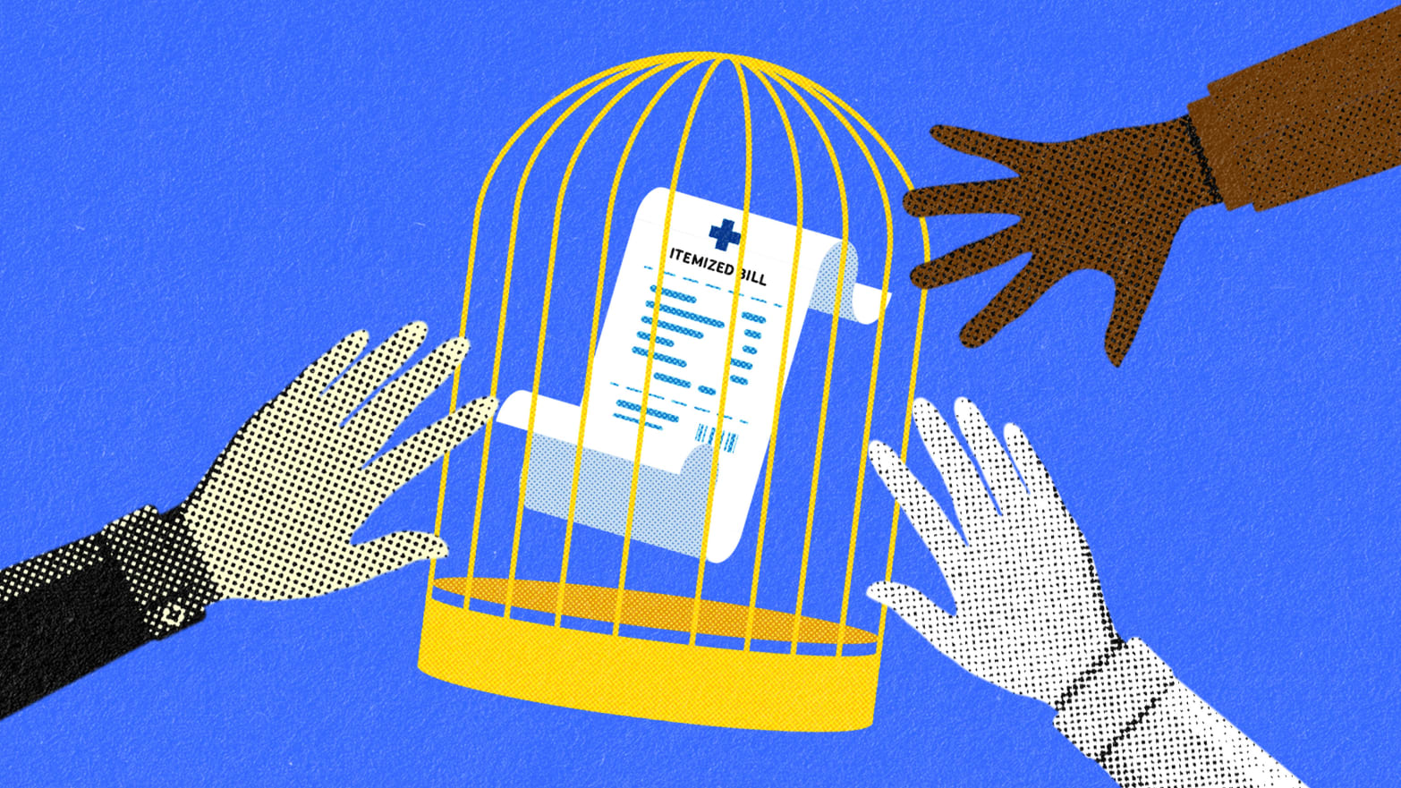 An illustration of an itemized bill inside a cage with hands reaching out for it