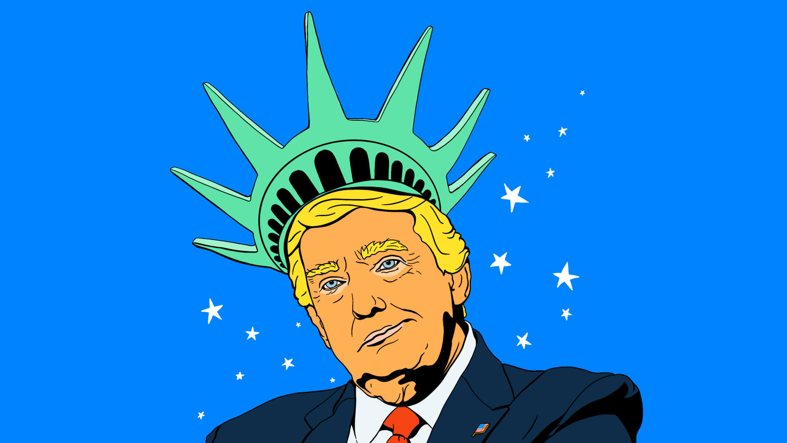 Illustration of Donald Trump wearing a Statue of Liberty crown