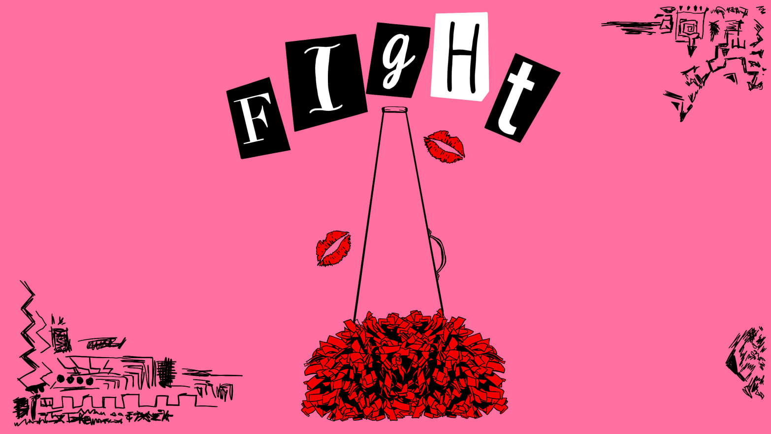 Illustration of a megaphone and pom poms with the word “fight” above them on a pink background