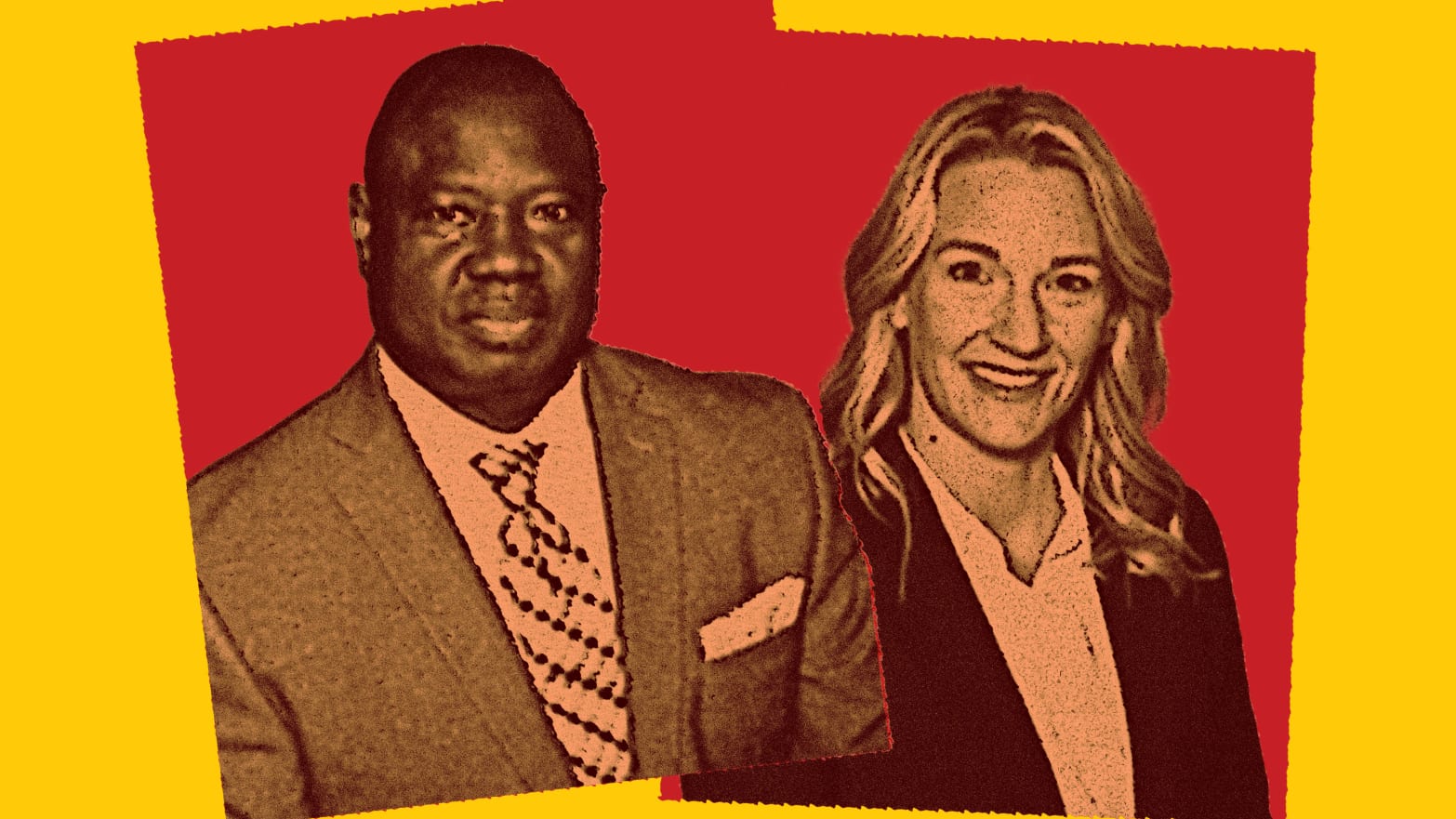Photo illustration of Darbi Boddy and Isaac Adi on red and yellow backgrounds