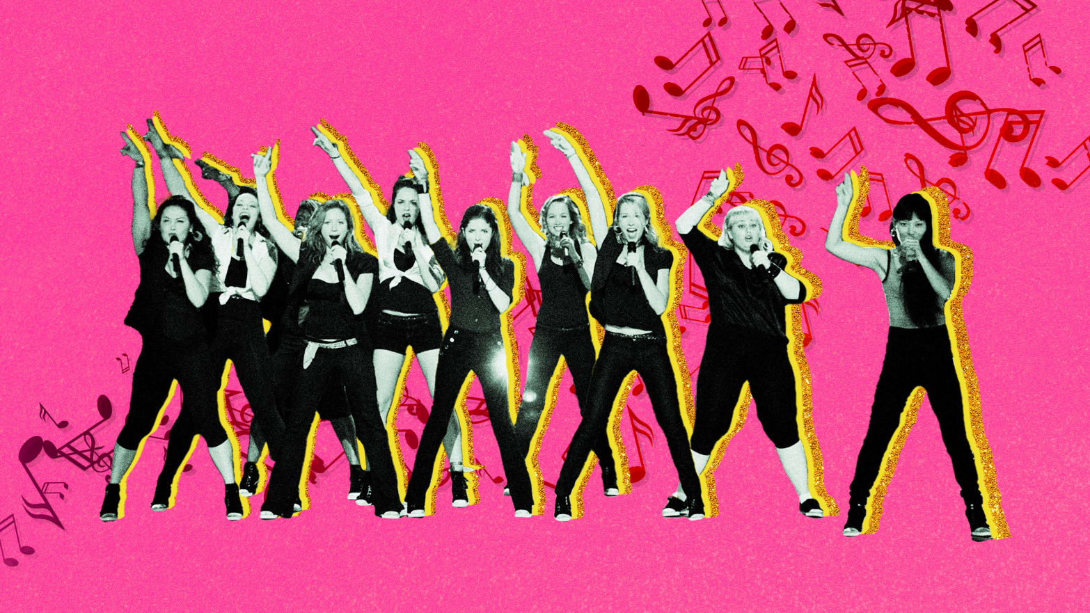 A photo illustration showing the final performance of Pitch Perfect.
