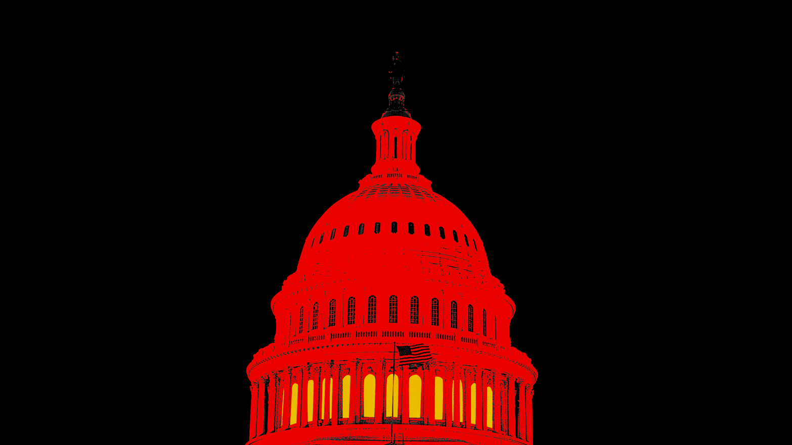A photo illustration showing the U.S.A. government’s capitol building with flickering lights on and off.