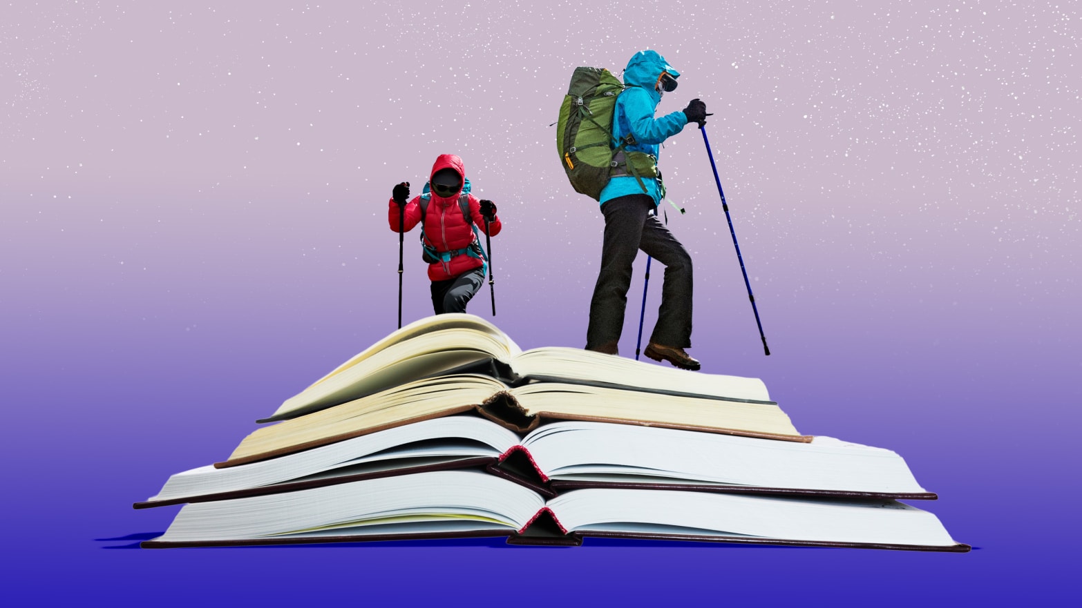A photo illustration of mountain hikers climbing on open books.