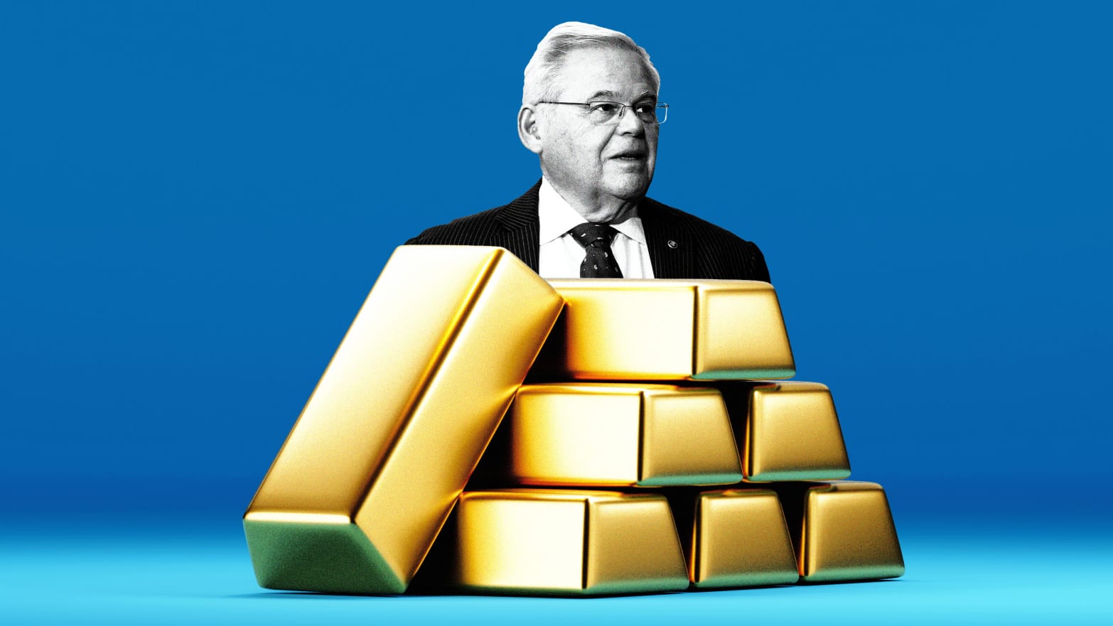An illustration including a photo of Bob Menendez and Gold Bars