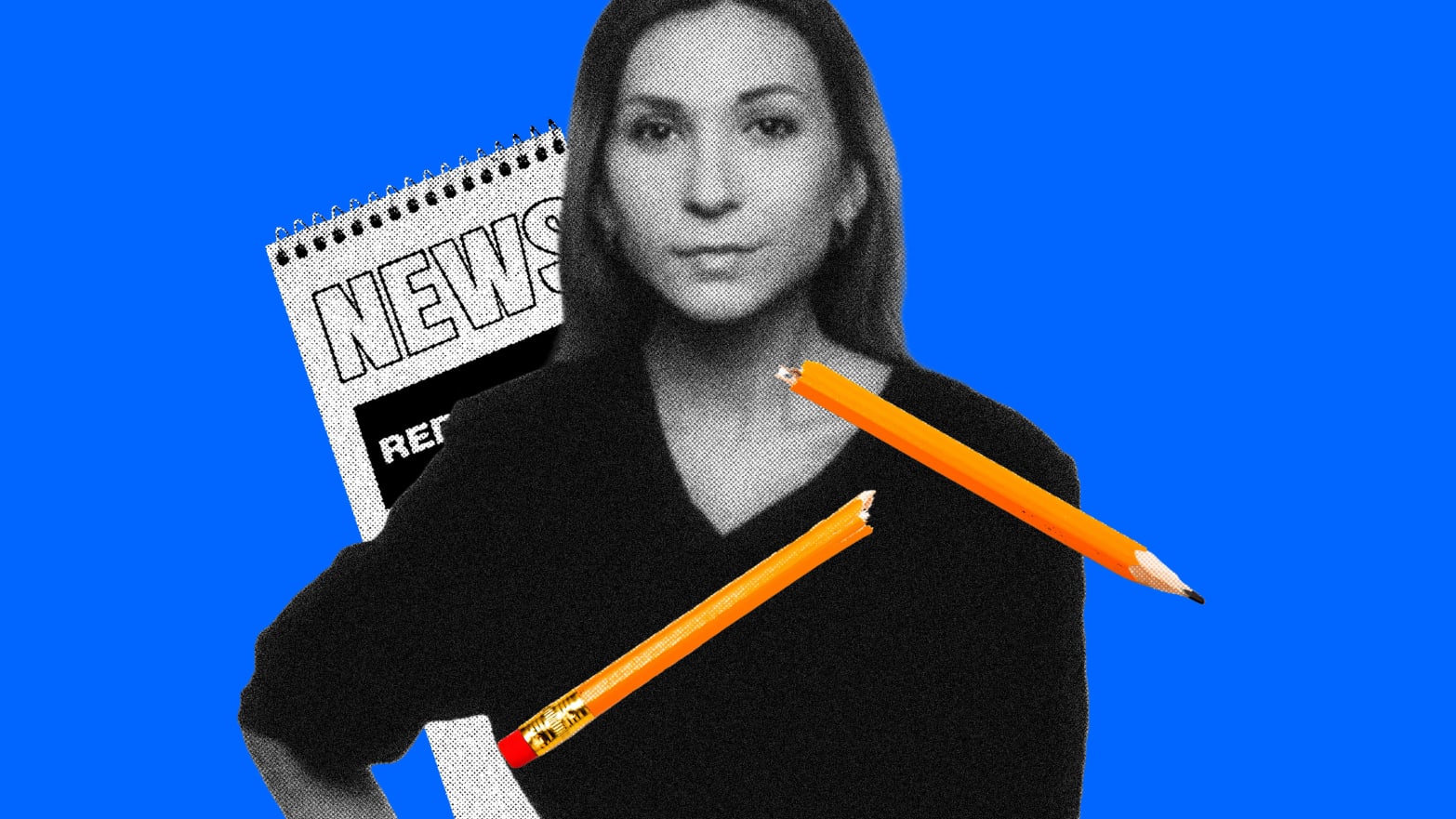 A photo illustration of Victoria Roshchyna with a broken pencil in the foreground
