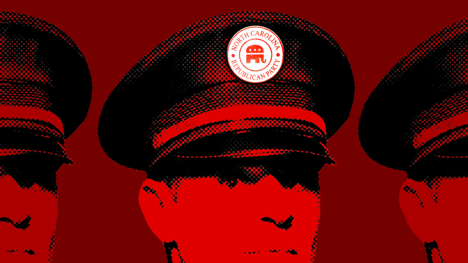 A photo illustration of a police officer with a GOP badge.