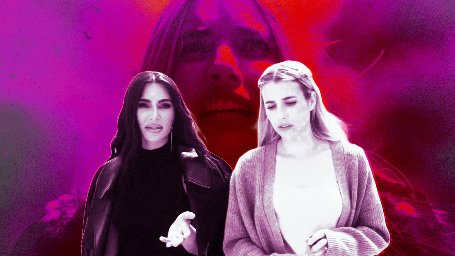 A photo illustration of Kim Kardashian and Emma Roberts in American Horror Story: Delicate.