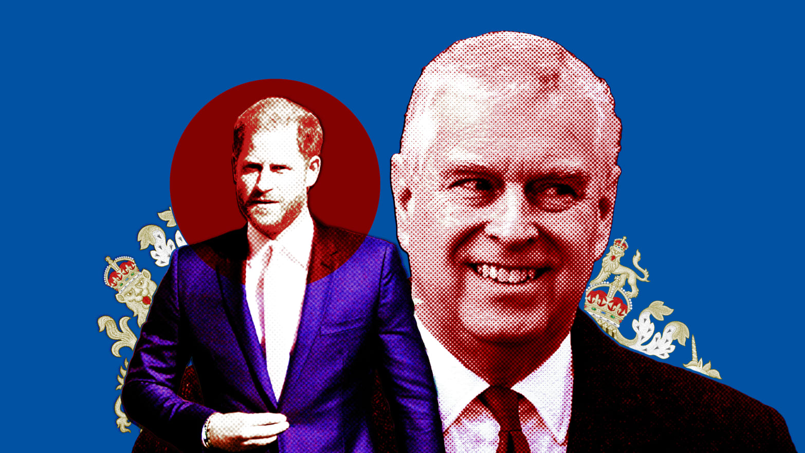 A photo illustration of Prince Harry and Prince Andrew and parts of the UK Coat of Arms.