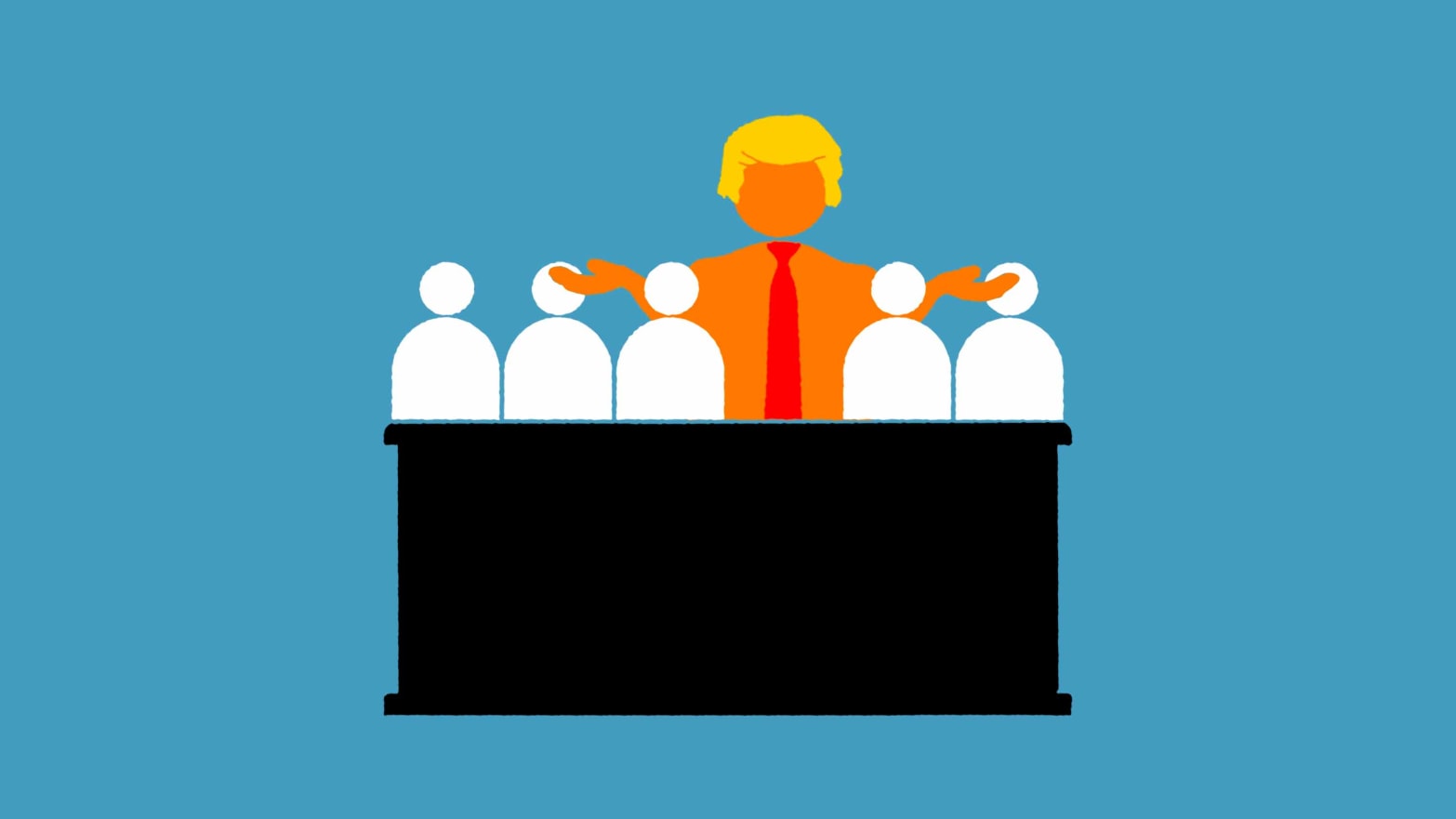Illustration of a jury in a jury box with one member orange with a red tie and Donald Trump hair