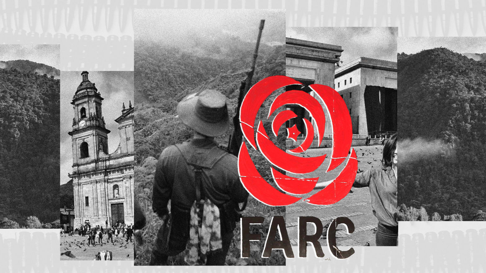 A photo illustration showing the FARC symbol with images from Colombia areas that were occupied by FARC and an image of Nikki Vargas in Bogota.