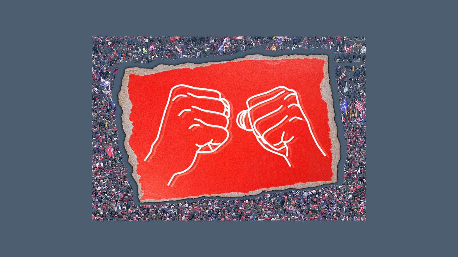 A photo illustration of punching fists and a crowd from Jan. 6 Capitol riot.